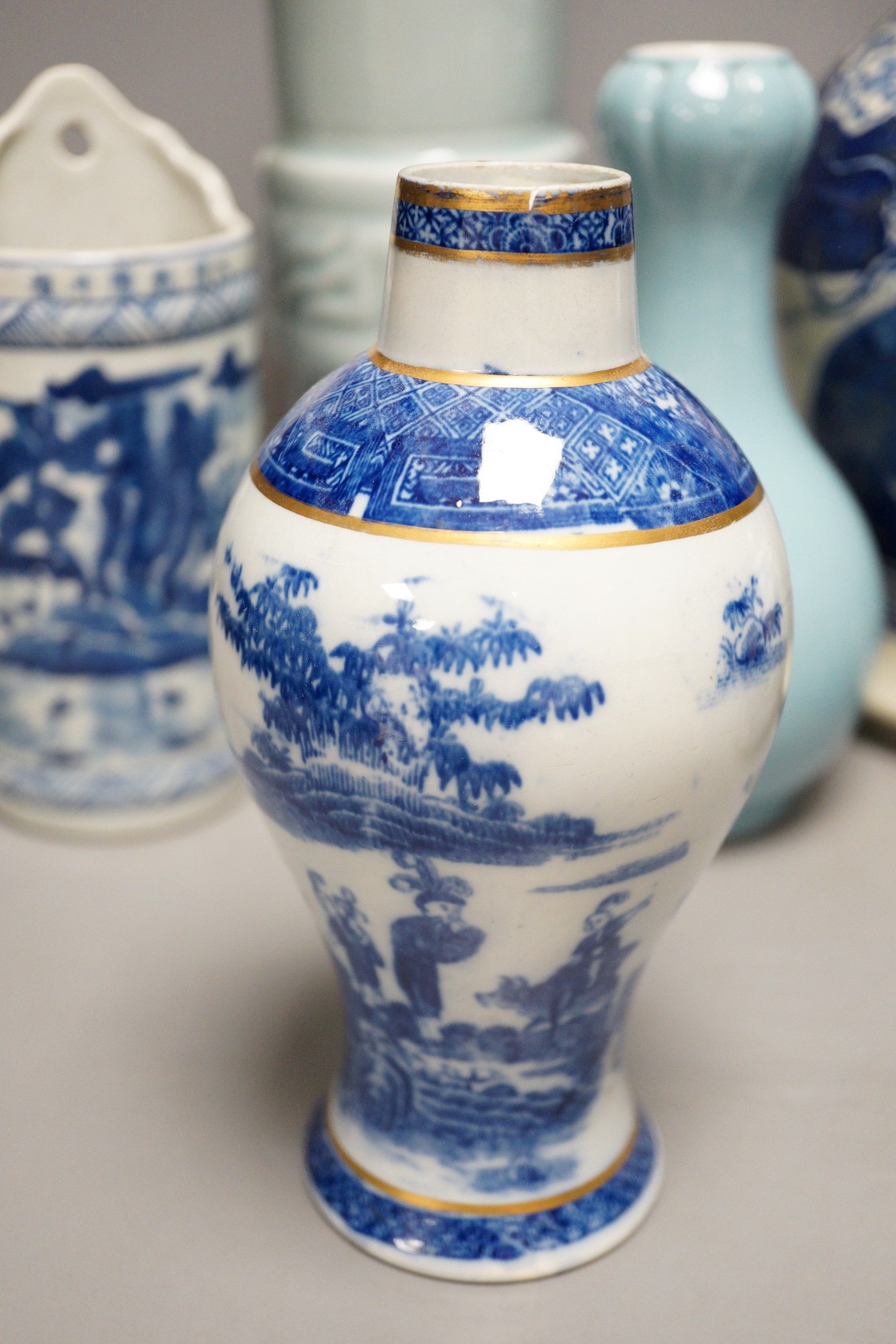 A Chinese blue and white vase, two jars, a beaker vase, a double gourd vase and a pearlware vase, tallest 31cm